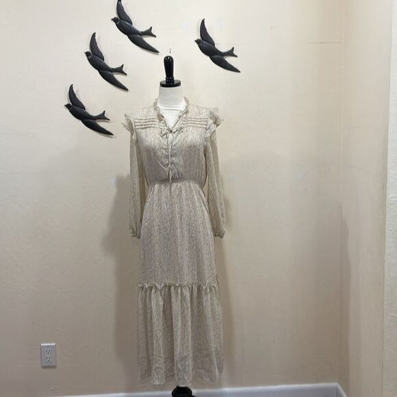 OPT Floral Tiered Ruffle Midi Dress Neutral Gold Prairie BOHO Floral, Size M - Picture 10 of 10